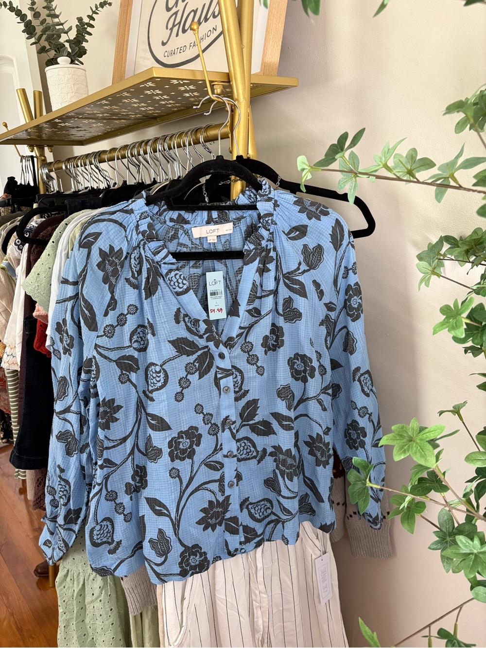 LOFT Light Blue Floral Button-Front Blouse with Black Print